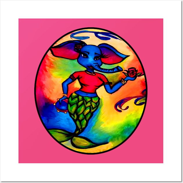 Beautiful Blue Elephant Mermaid with Red Rose and Tambourine Wall Art by artbyomega